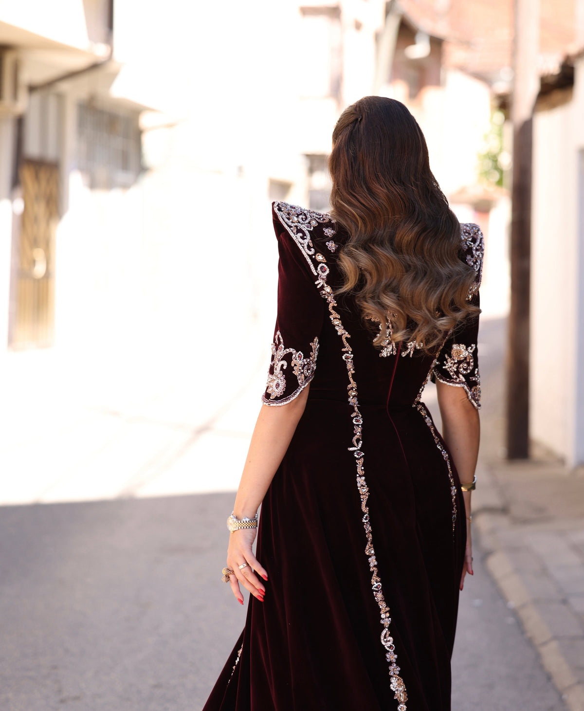 Elirá - Burgundy Velvet Long Gown with Silver Embroidery