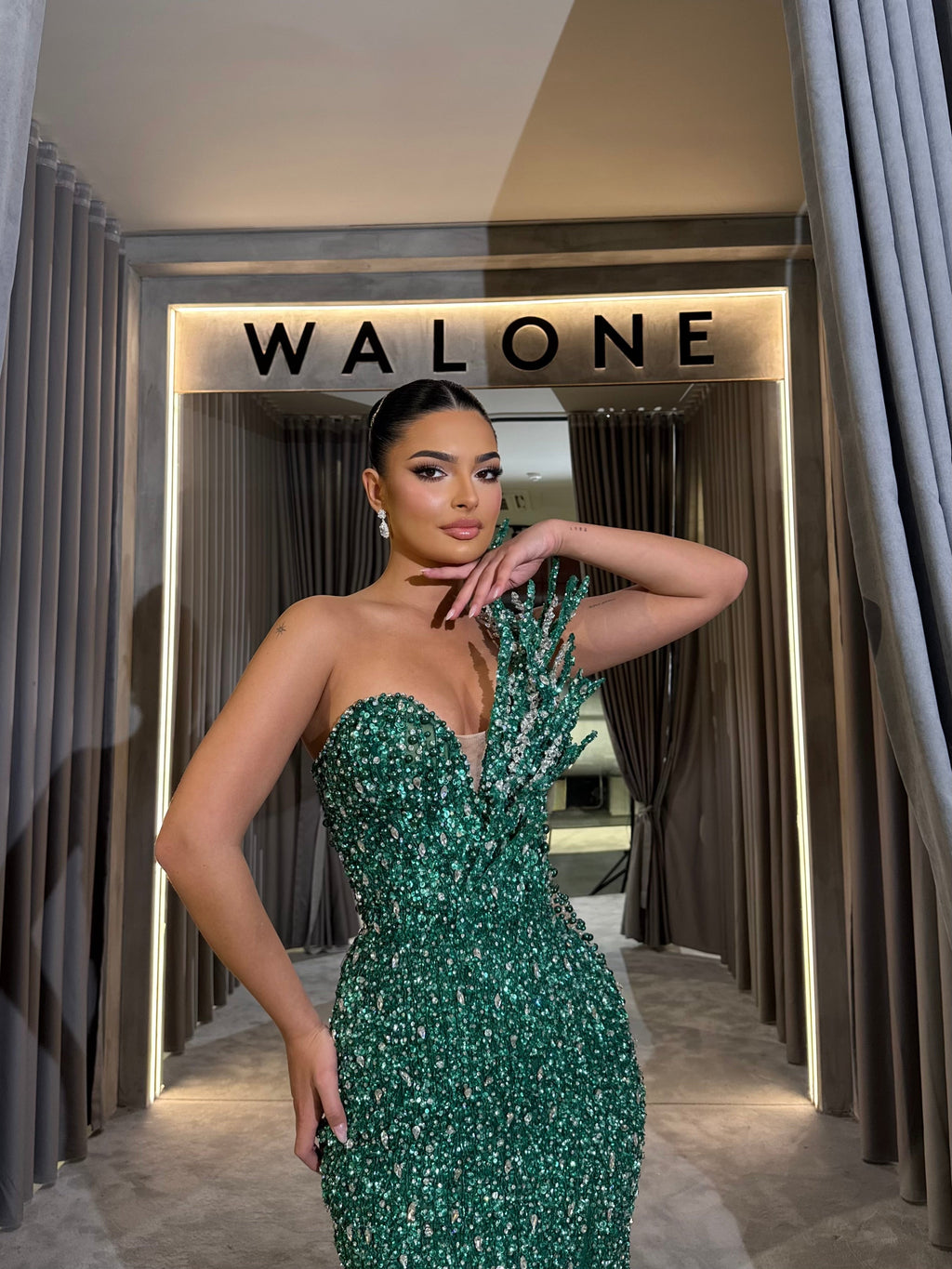 Emerald Asymmetrical Leaf beaded gown