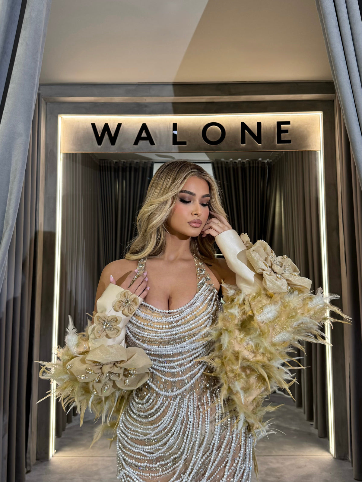 Golden Pearl Draped Gown