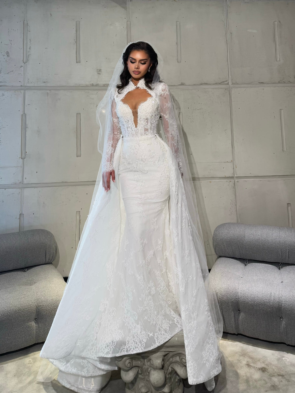 Wedding dress with detachable overskirt & veil