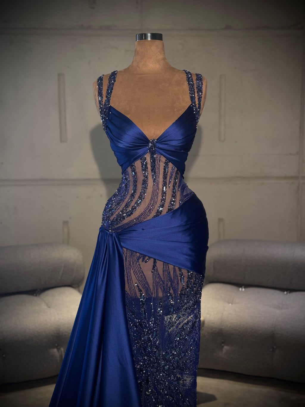 Enara – Royal Blue Cut-Out Beaded Gown with Draped Satin Train