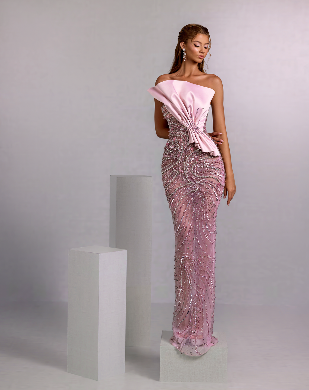 Pink Mermaid Gown with Draped Satin and Crystal Swirls