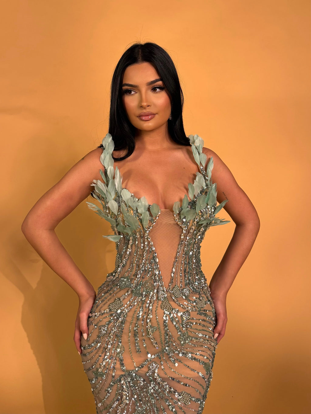 Mermaid Gown with Plunging Neckline and Leaf Detail