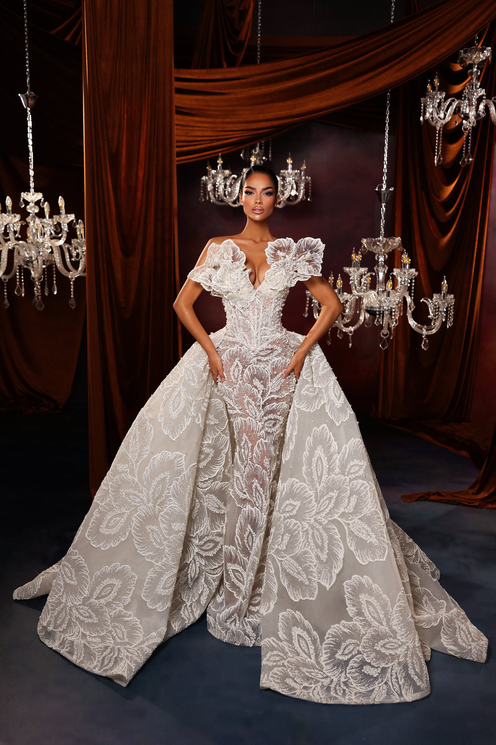 3D Floral Lace Mermaid Wedding Dress with Detachable Overskirt
