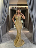 Plunging Sweetheart Gold Sequin Gown with Beadwork
