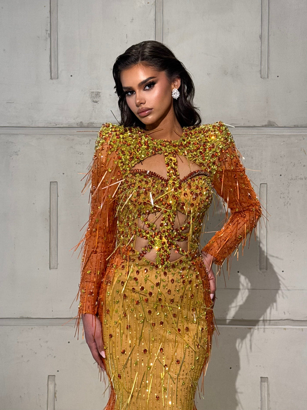 Beaded Gown with Cutout Corset and Fringe Sleeves