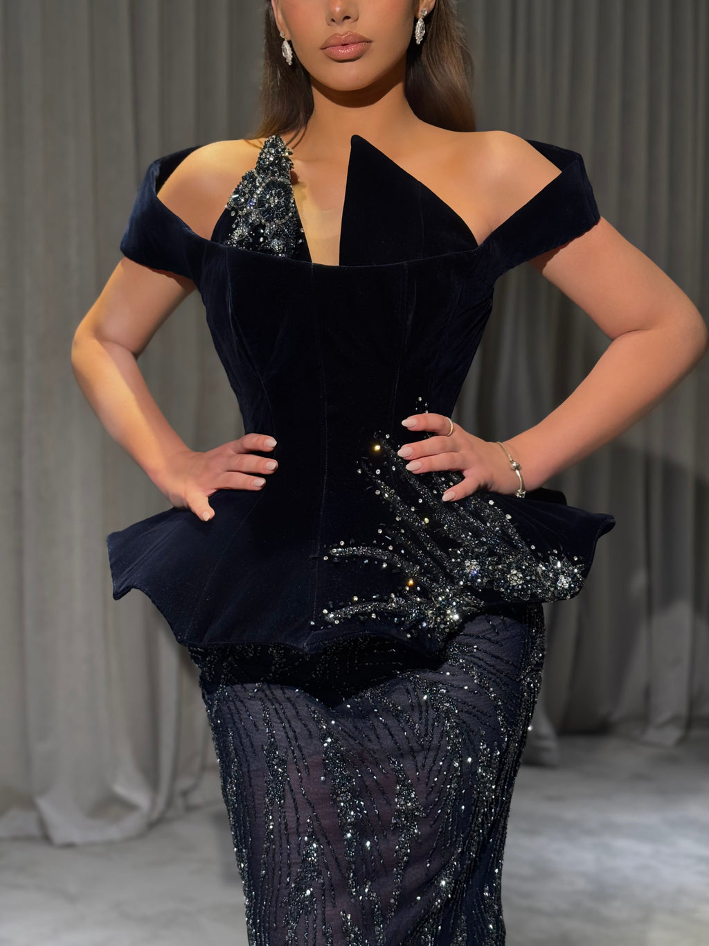 Alisya - Structured Off-Shoulder Beaded Gown