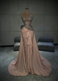 Lirena - Nude Silver Beaded Draped Gown