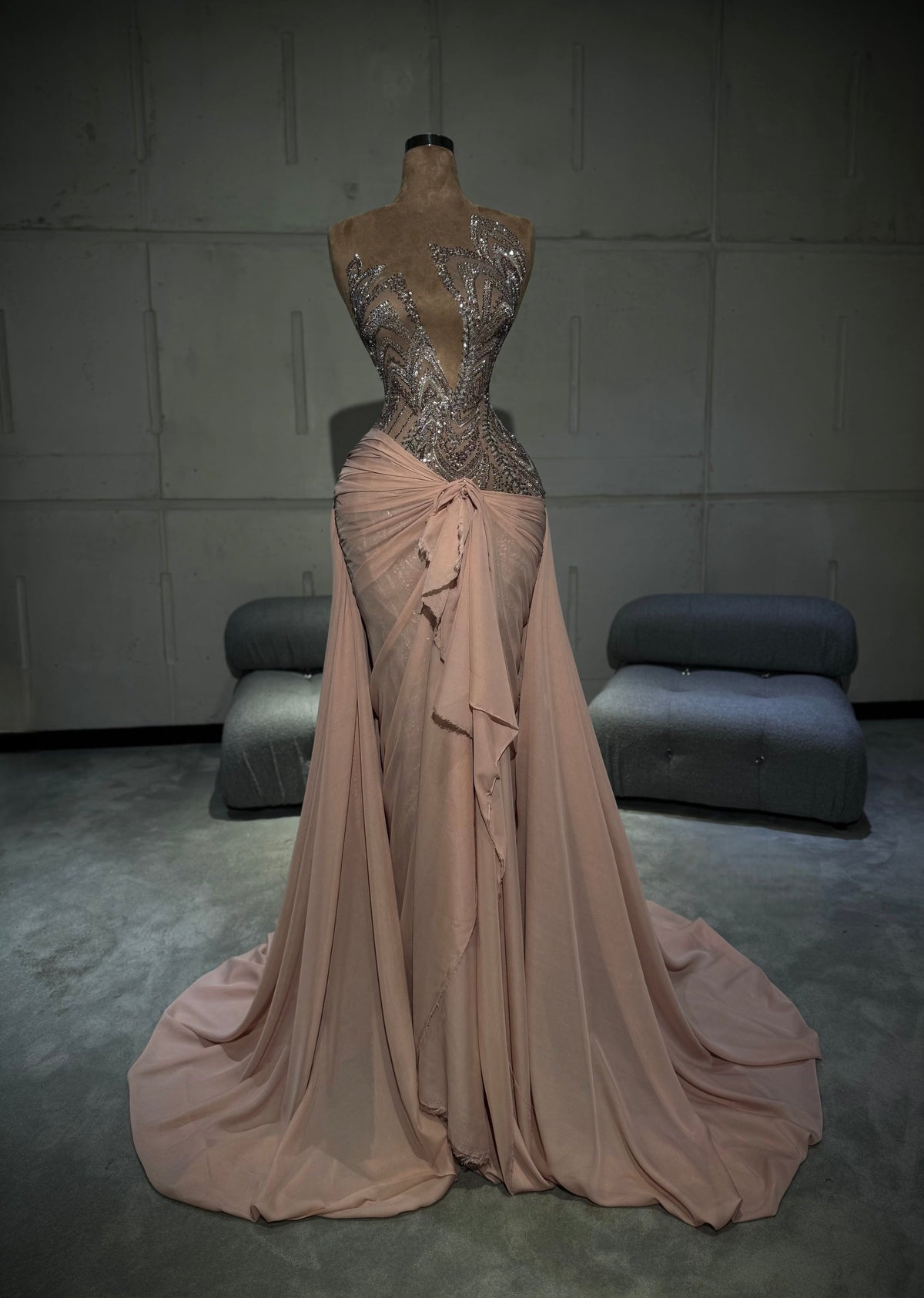 Lirena - Nude Silver Beaded Draped Gown