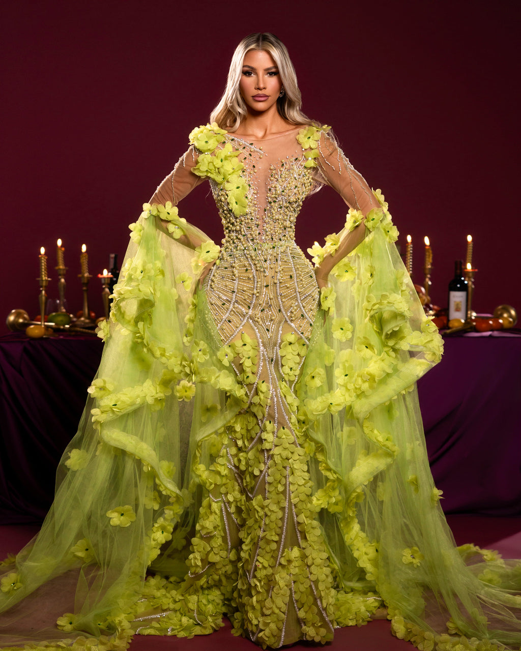 Floral Embellished Sheer Sleeve Gown