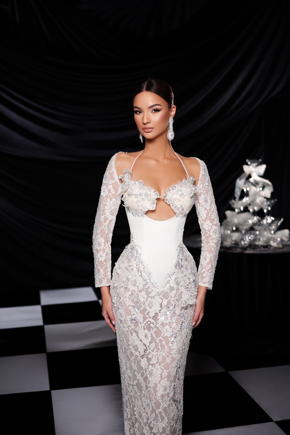 Lace Long-Sleeve Cutout Bridal Dress