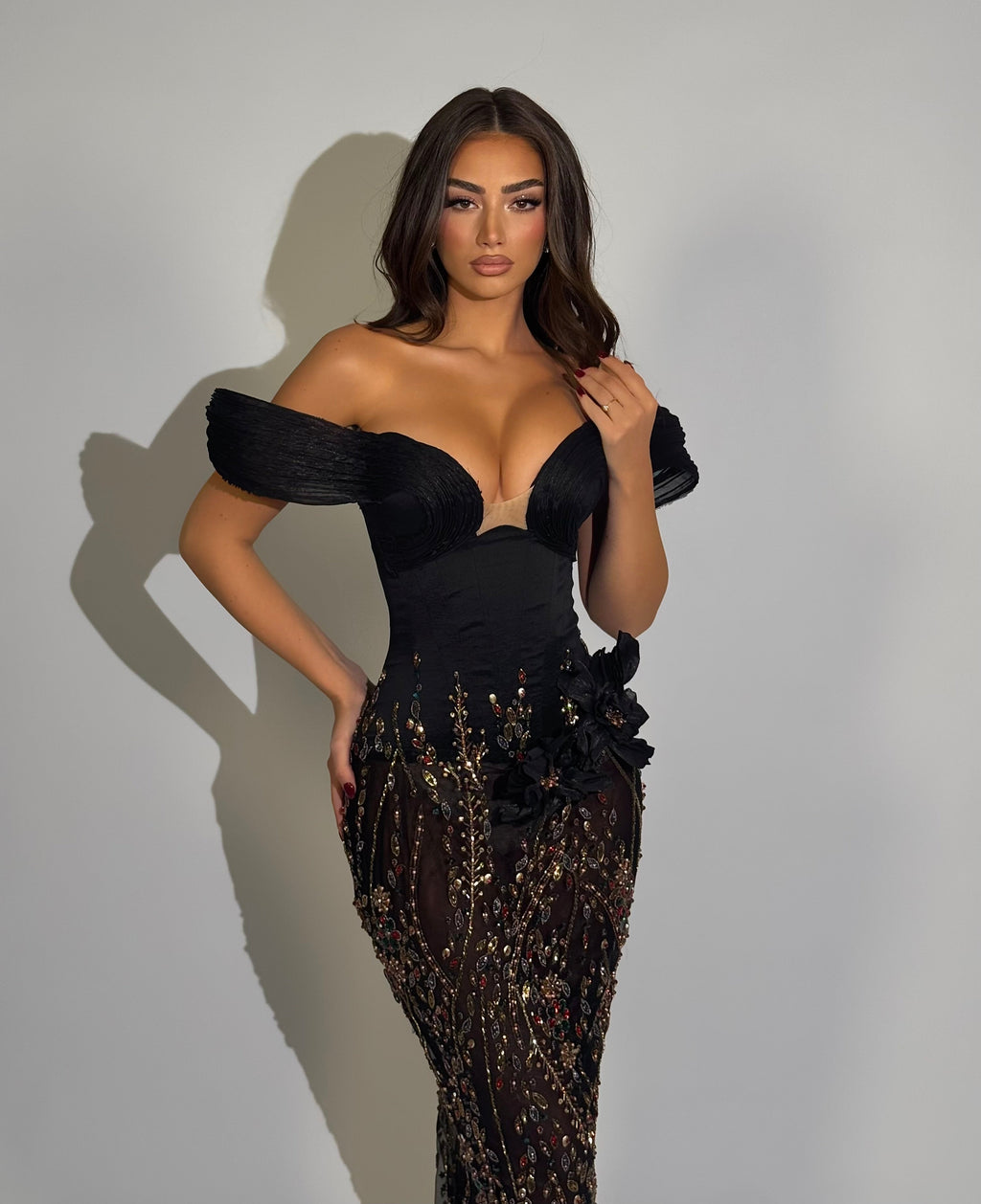 Elène – Off-Shoulder Black Embellished Gown with 3D Floral Detail
