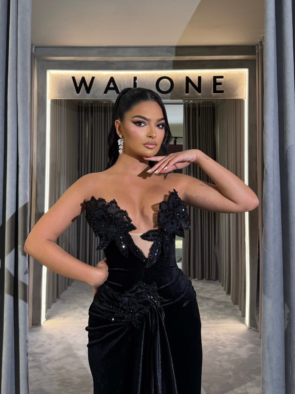 Black Velvet Gown with 3D Floral Appliqué & Draped Slit Skirt
