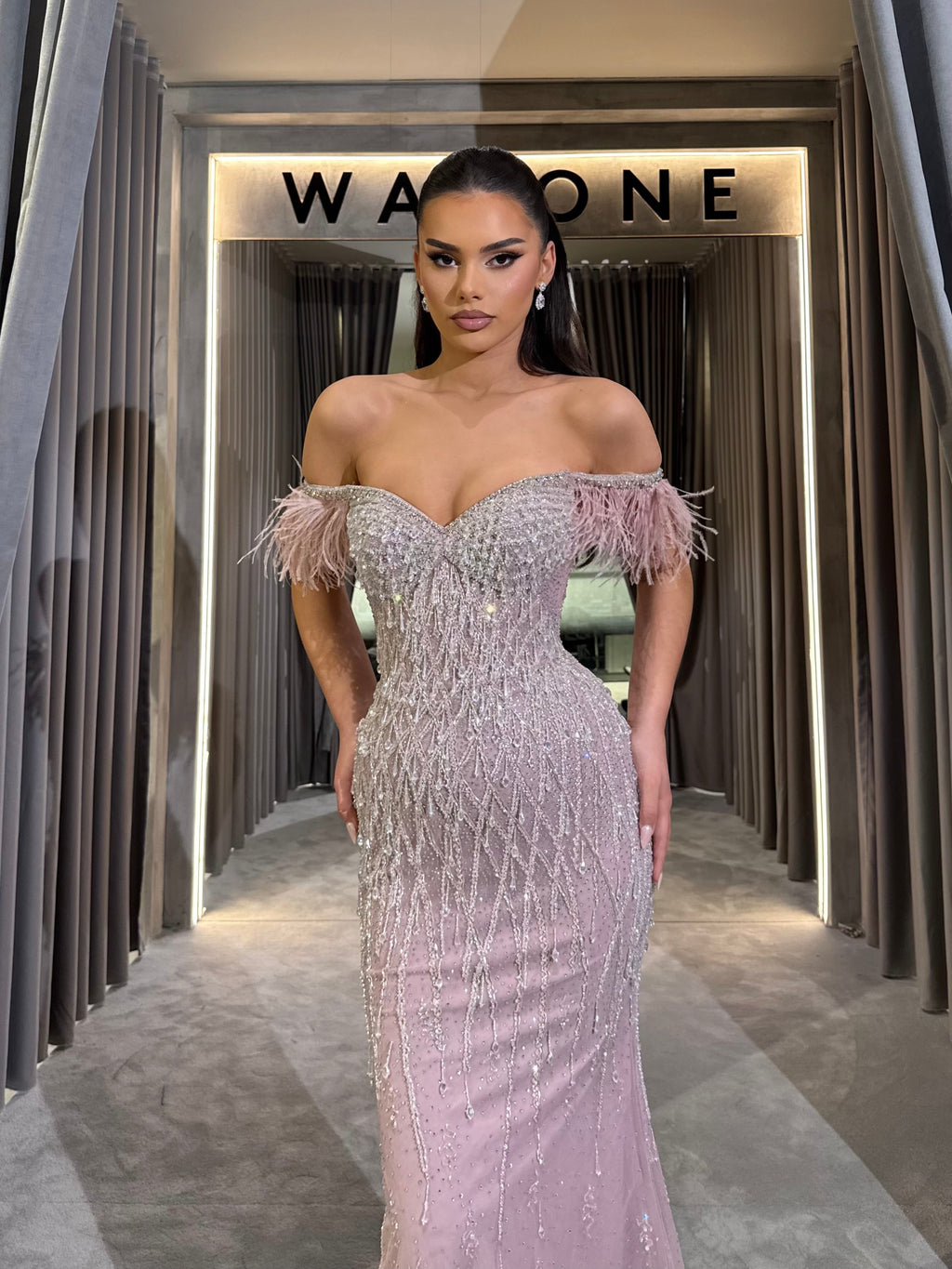 Blush & Beige Feather Off-Shoulder Beaded Gown