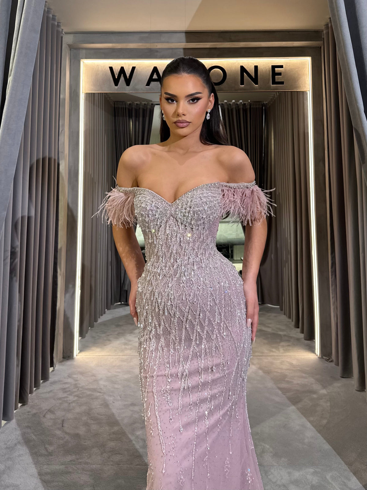 Blush & Beige Feather Off-Shoulder Beaded Gown