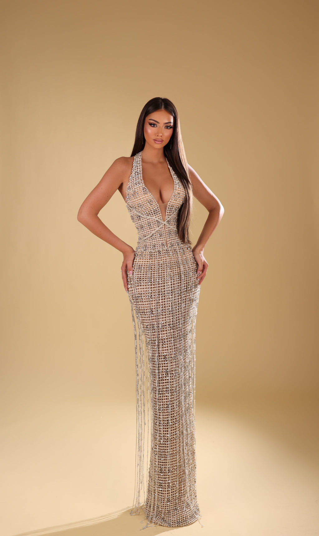 Lura - Embellished Halter Fringe Gown