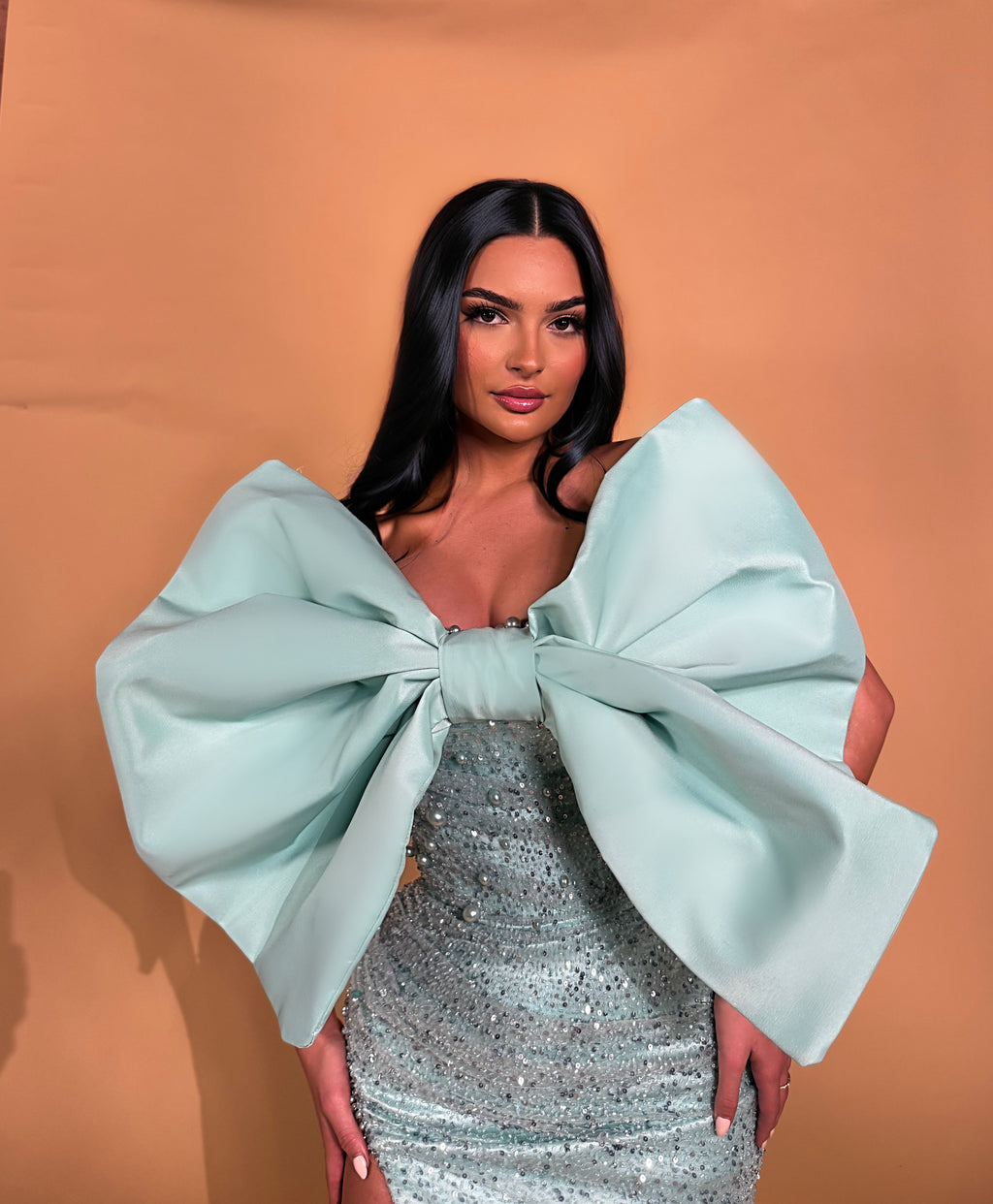 Crystal Embellished Strapless Gown with Oversized Satin Bow