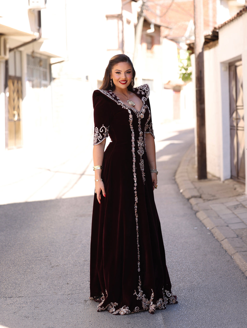 Elirá - Burgundy Velvet Long Gown with Silver Embroidery