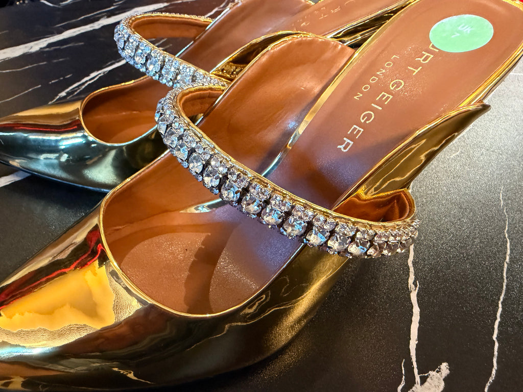Kurt Geiger Gold Crystal Strap Stiletto Mules | Luxury Footwear | Vellure Couture