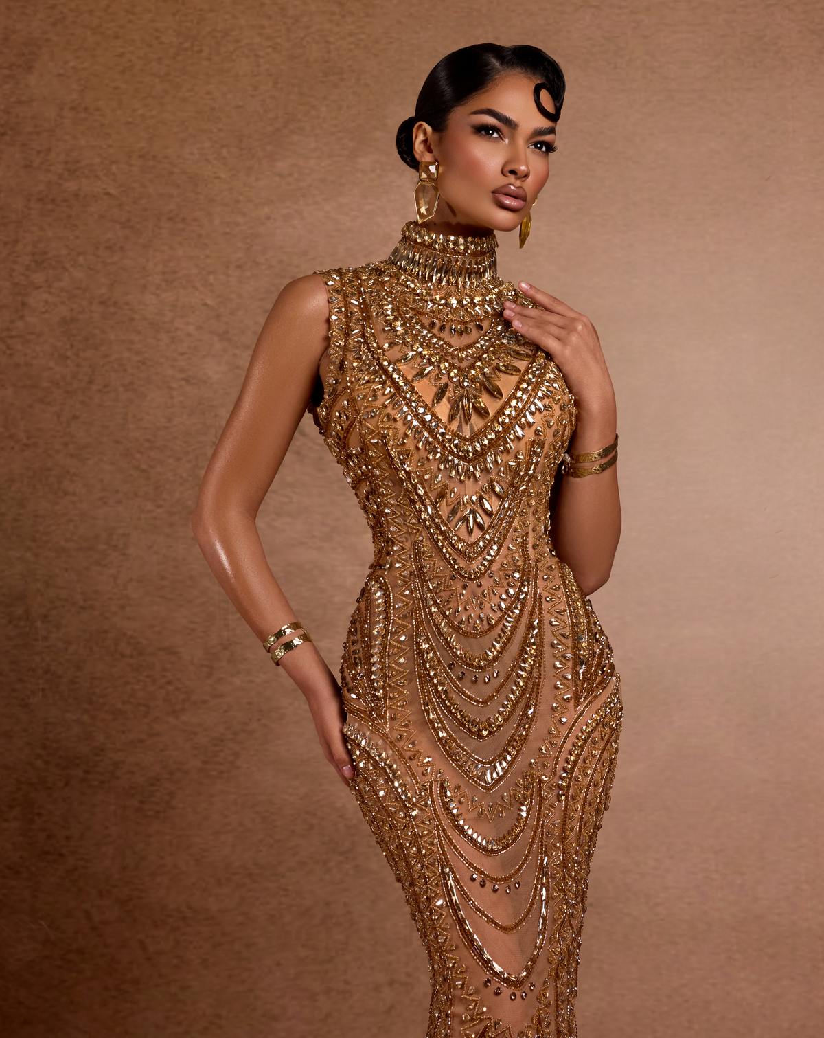 High Neck Gold Embellished Dress