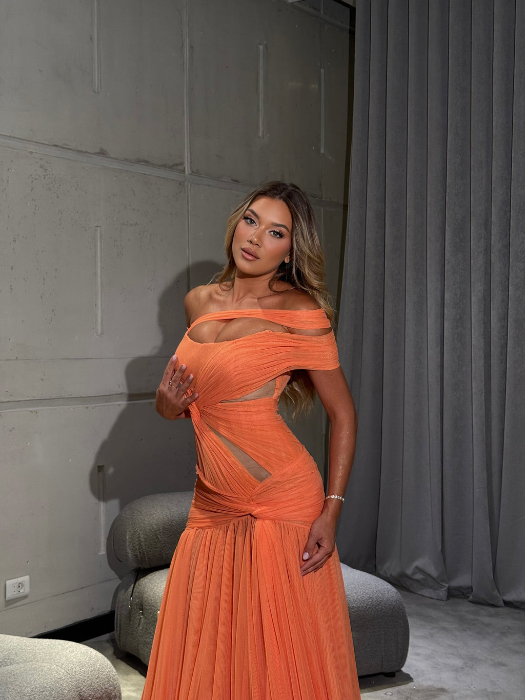 Ayliná - Orange Dress with Pleated Skirt
