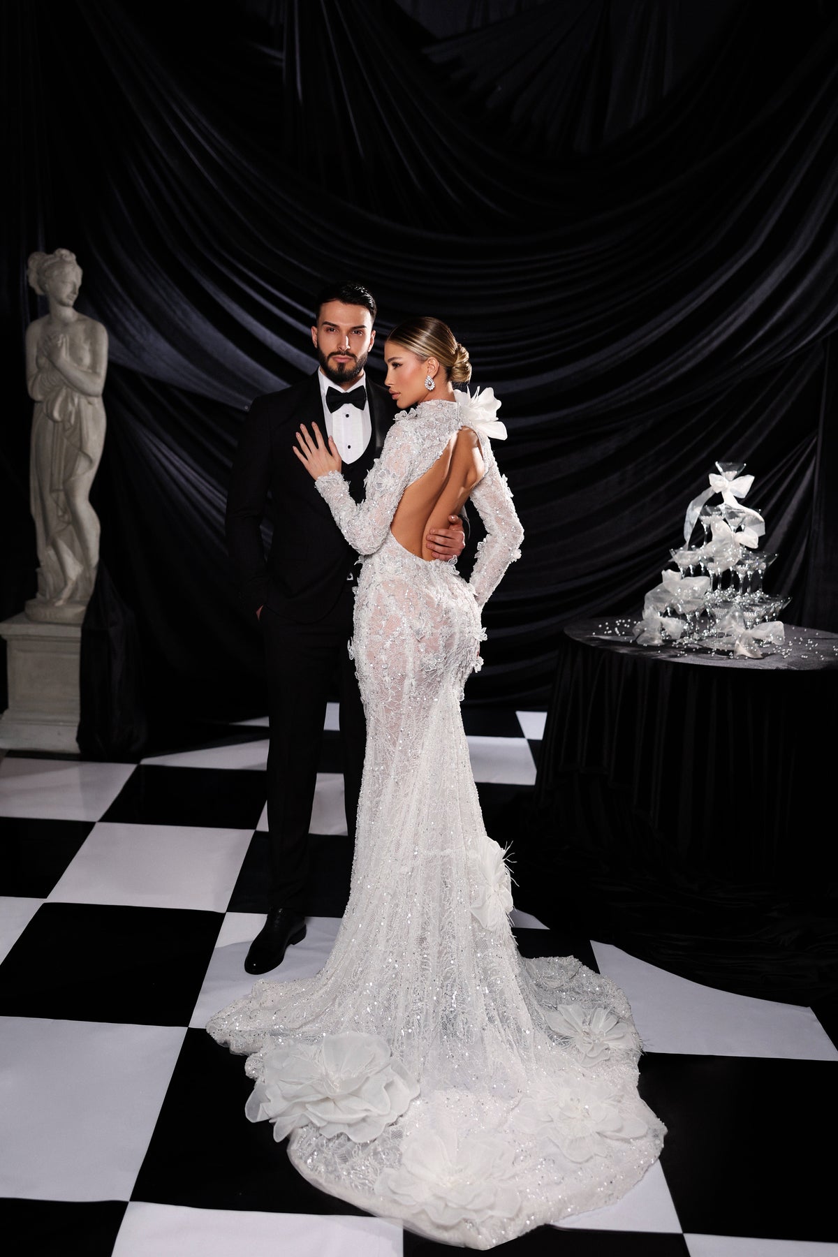 Long Sleeve Floral Lace Wedding Gown