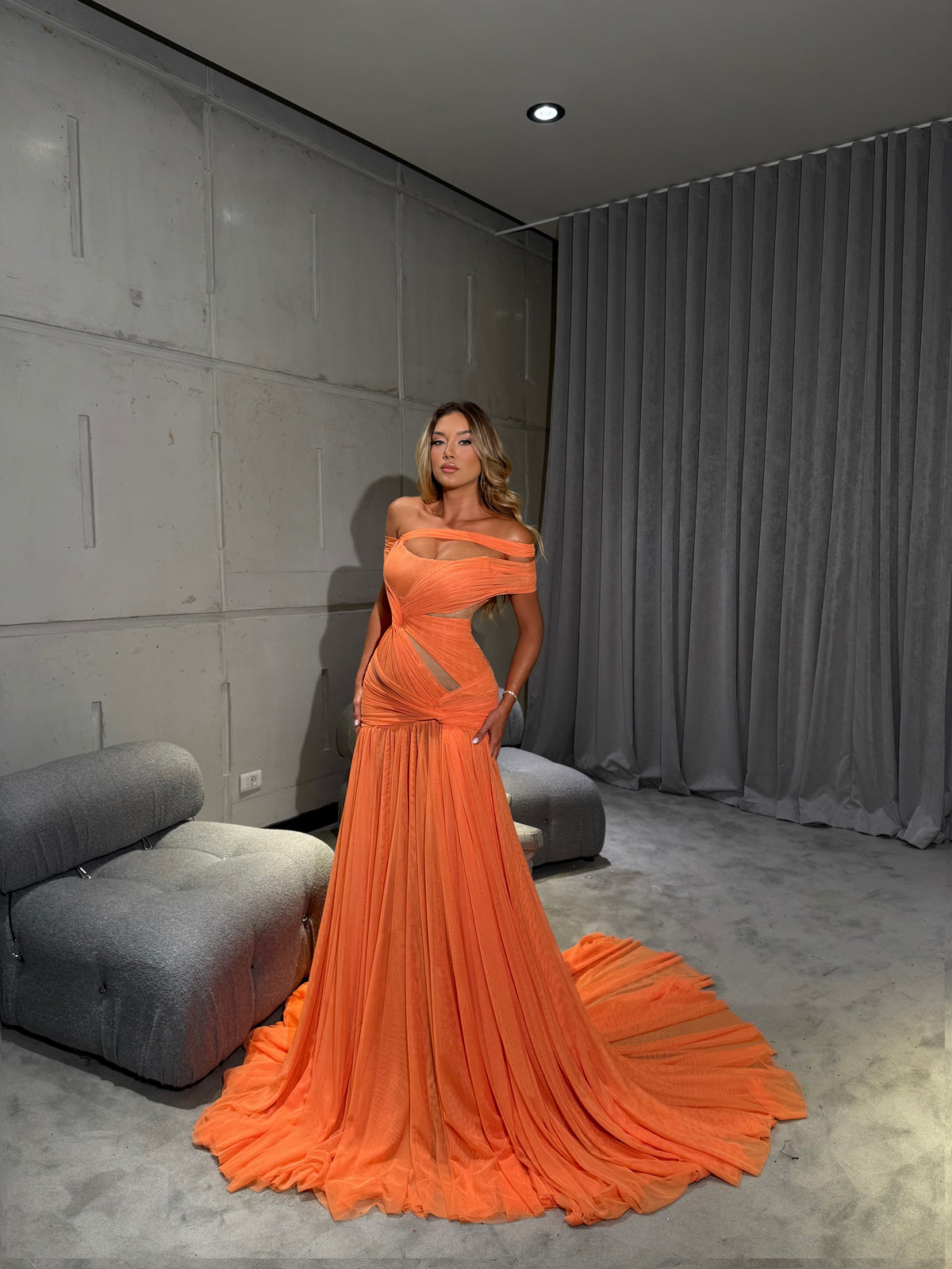 Ayliná - Orange Dress with Pleated Skirt