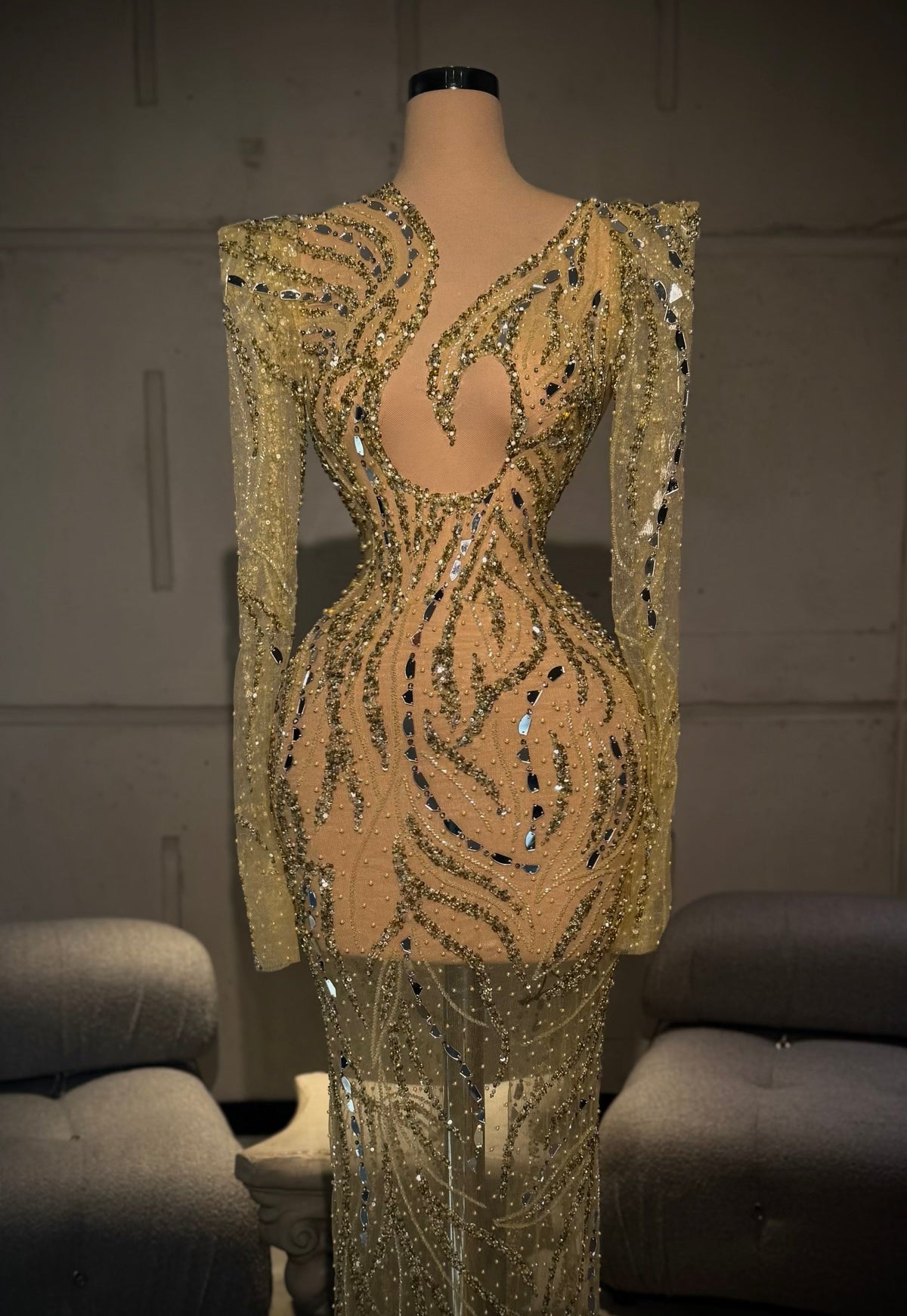 Estine – Gold Mirror Embellished Gown
