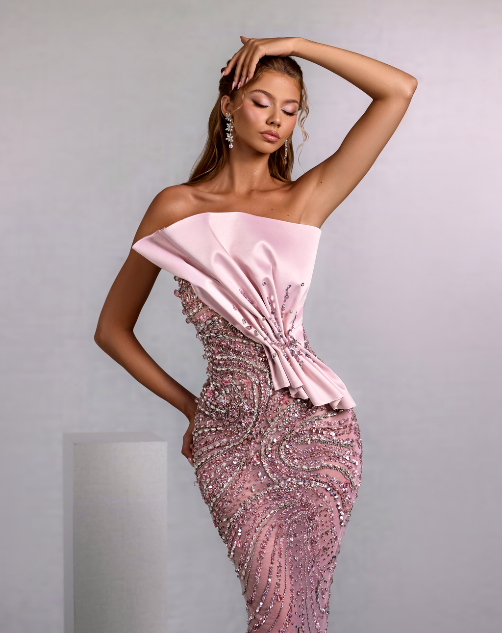 Pink Mermaid Gown with Draped Satin and Crystal Swirls