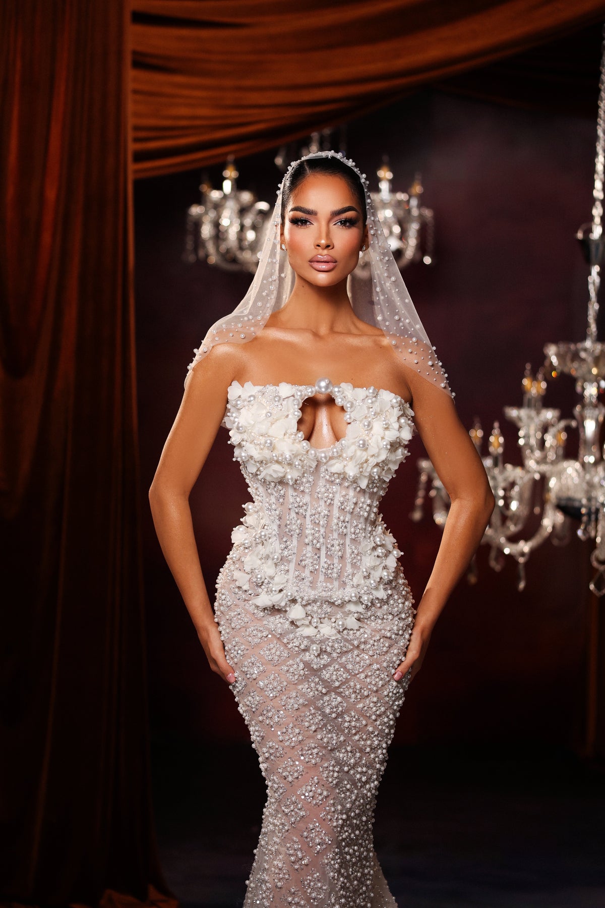Floral Corset Pearl Embellished Gown