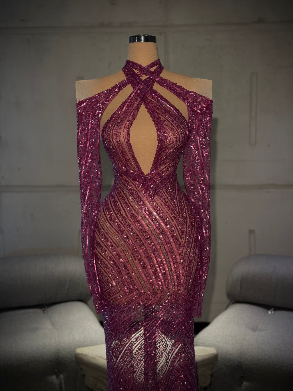 Rozela - Fuchsia Beaded Cutout Gown