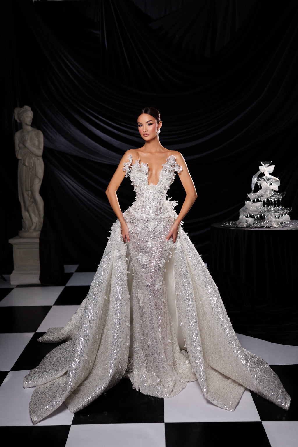 Strapless floral bridal gown with detachable cape