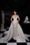 Strapless floral bridal gown with detachable cape