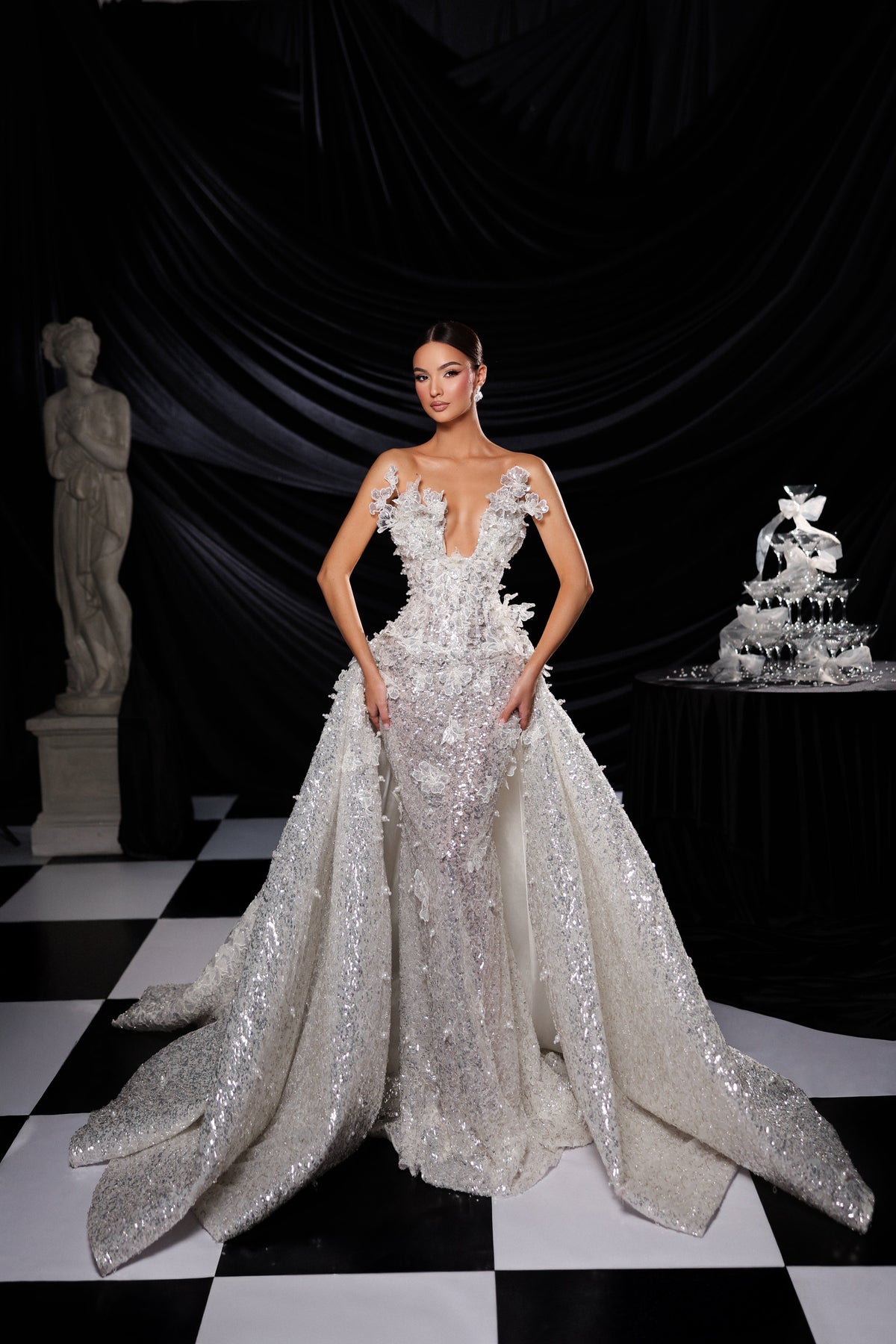 Strapless floral bridal gown with detachable cape