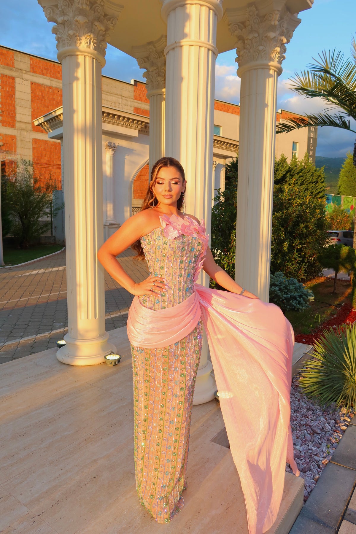 Pastel Pink Floral Dress with 3D Appliqué and Chiffon Wrap