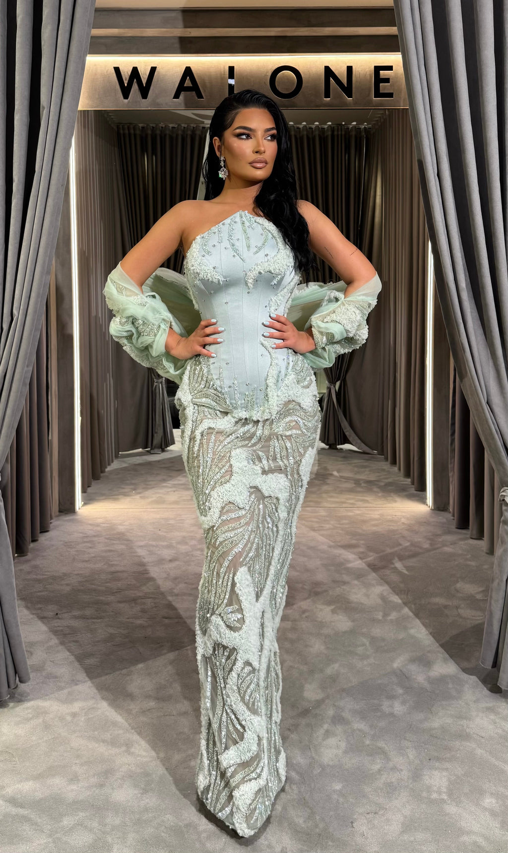 Strapless Mint Corset Beaded Gown
