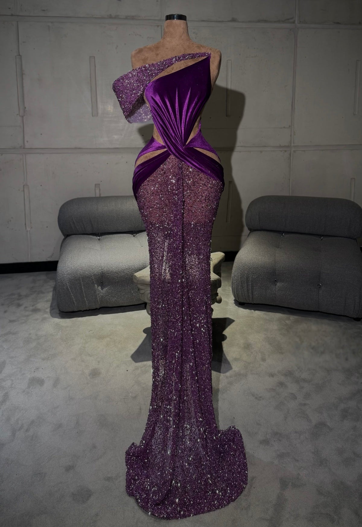 Asymmetric Satin Sequin Gown
