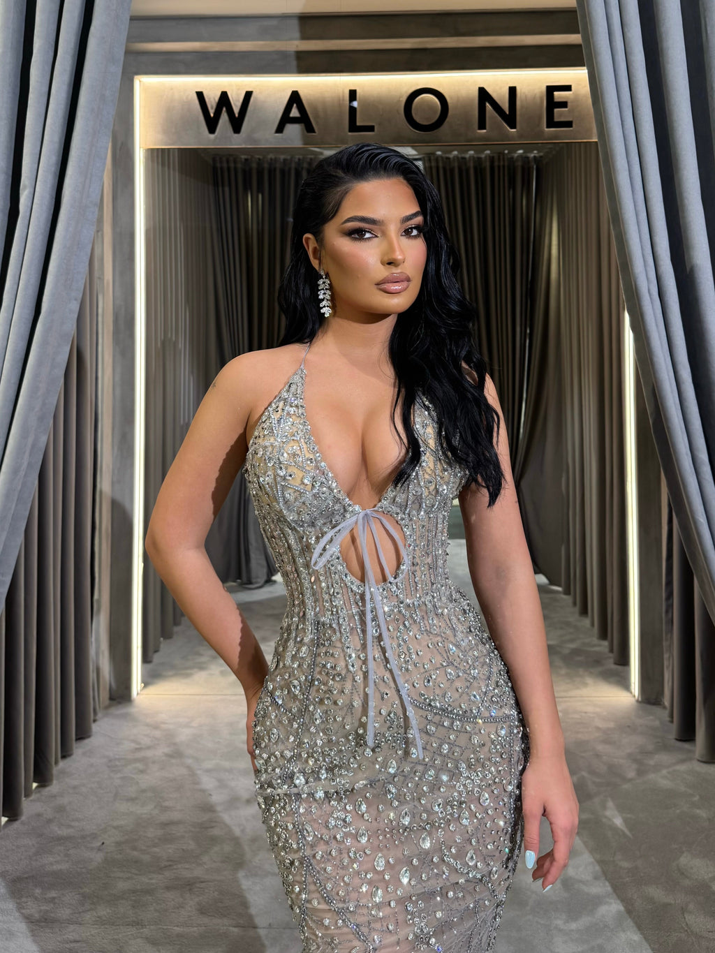 Crystal Halter gown with detachable cape