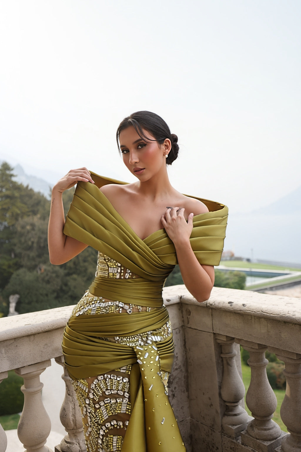Emiliana - Off Shoulder Draped Beaded Gown