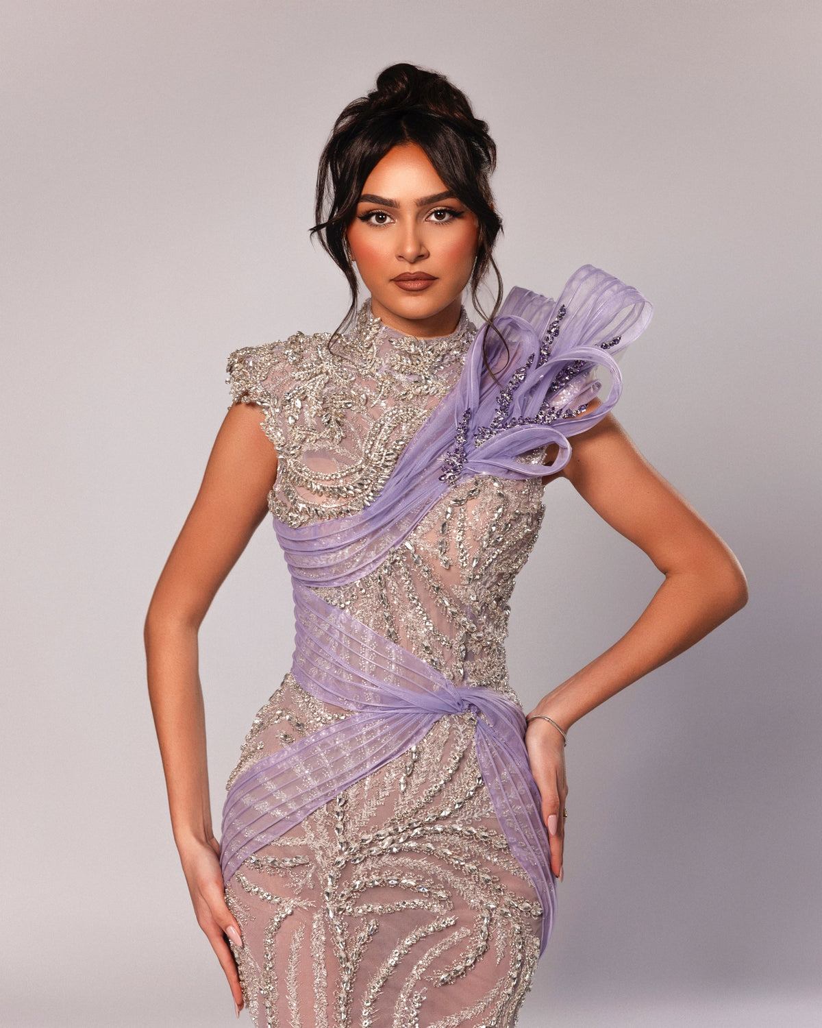 High Neck Gown with handmade embroidery