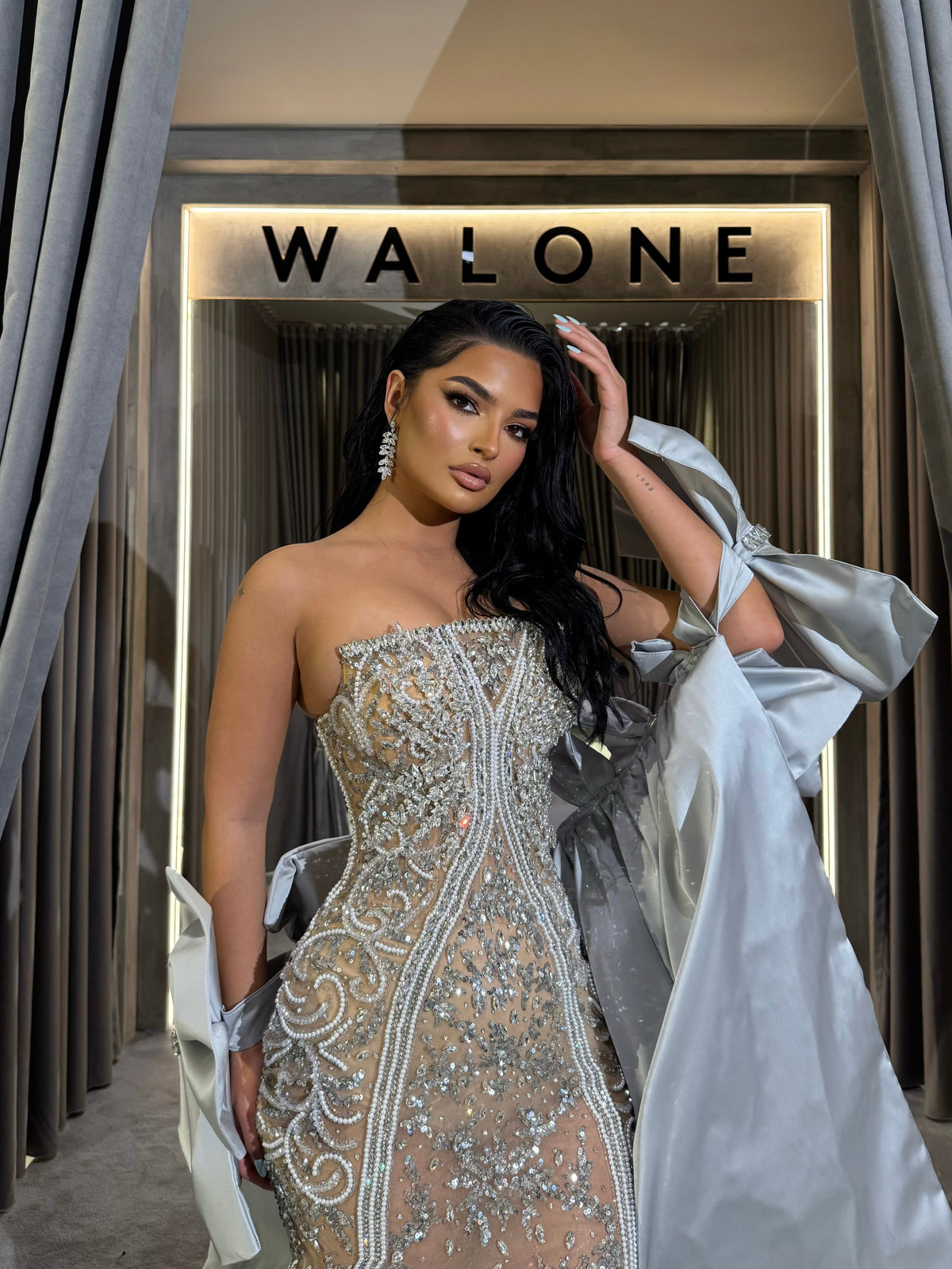 Strapless Beaded Gown with Detachable Bow Sleeves