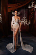 Asymmetric Long Beaded Mesh Gown