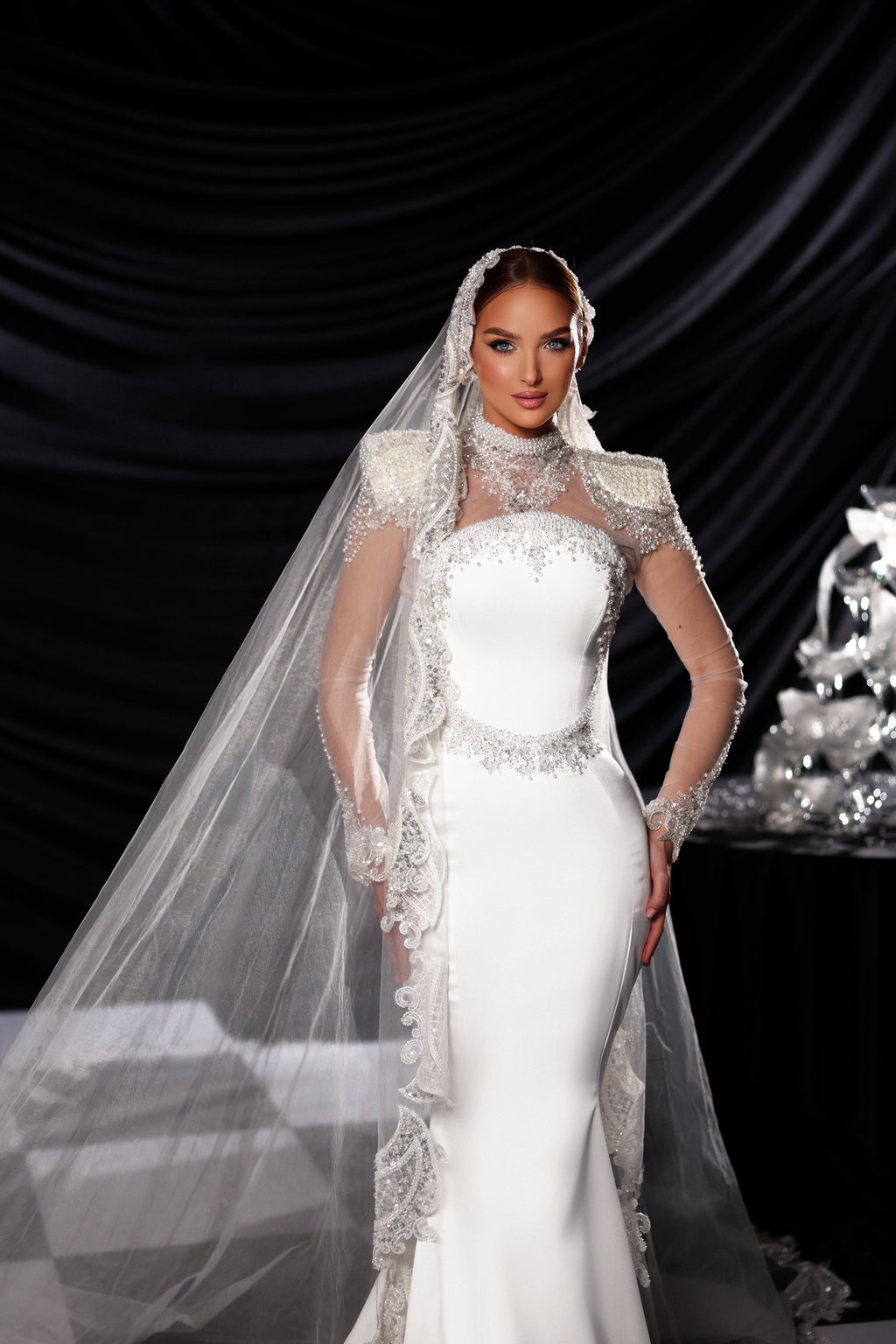 High Neck Bridal Gown with Crystal Embellishments