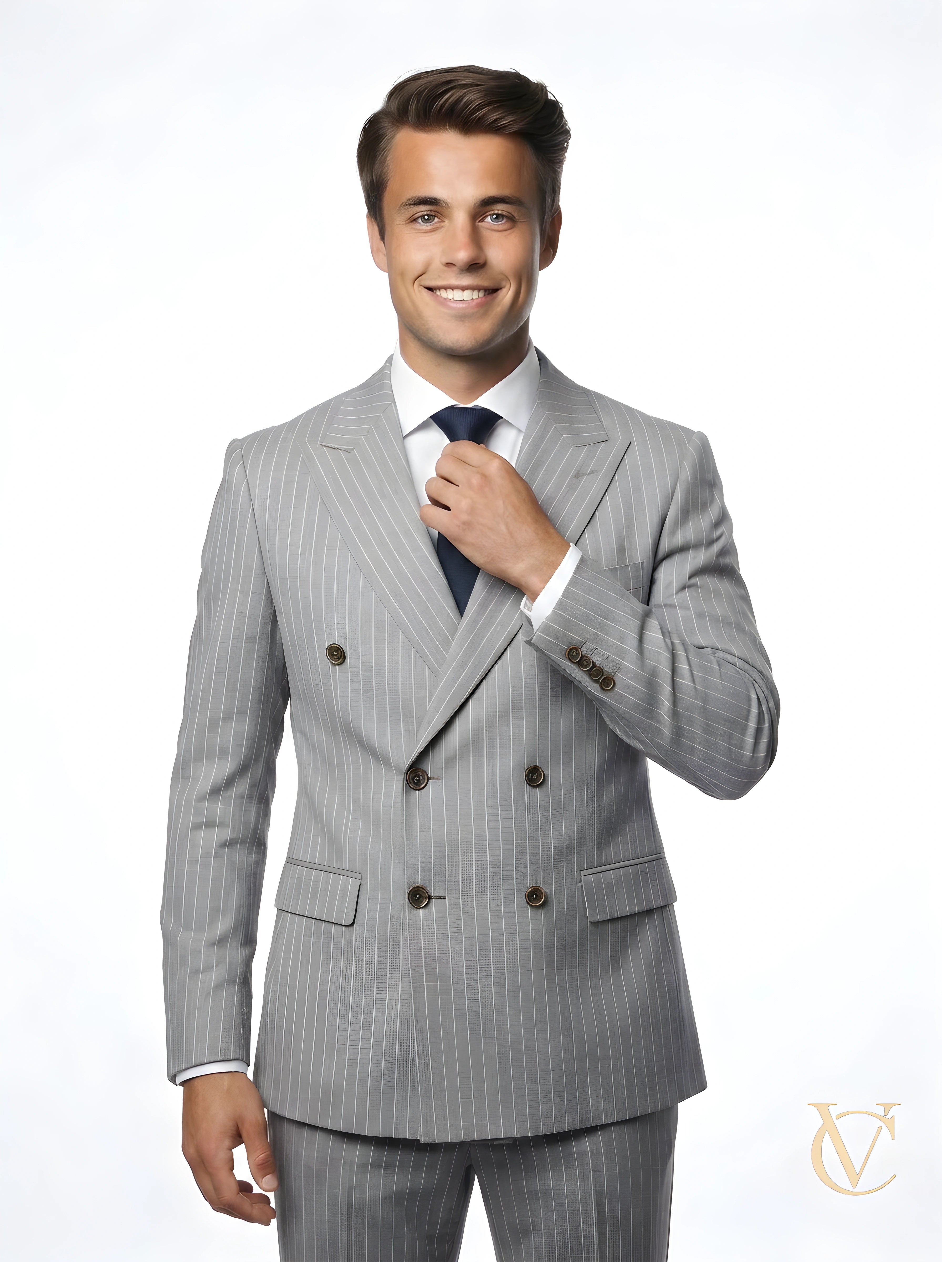 A smiling man adjusts the navy tie while wearing a tailored 2-Piece Suit - Grey Striped | Vellure Couture featuring a double-breasted jacket with slim lapels and subtle pinstripes.