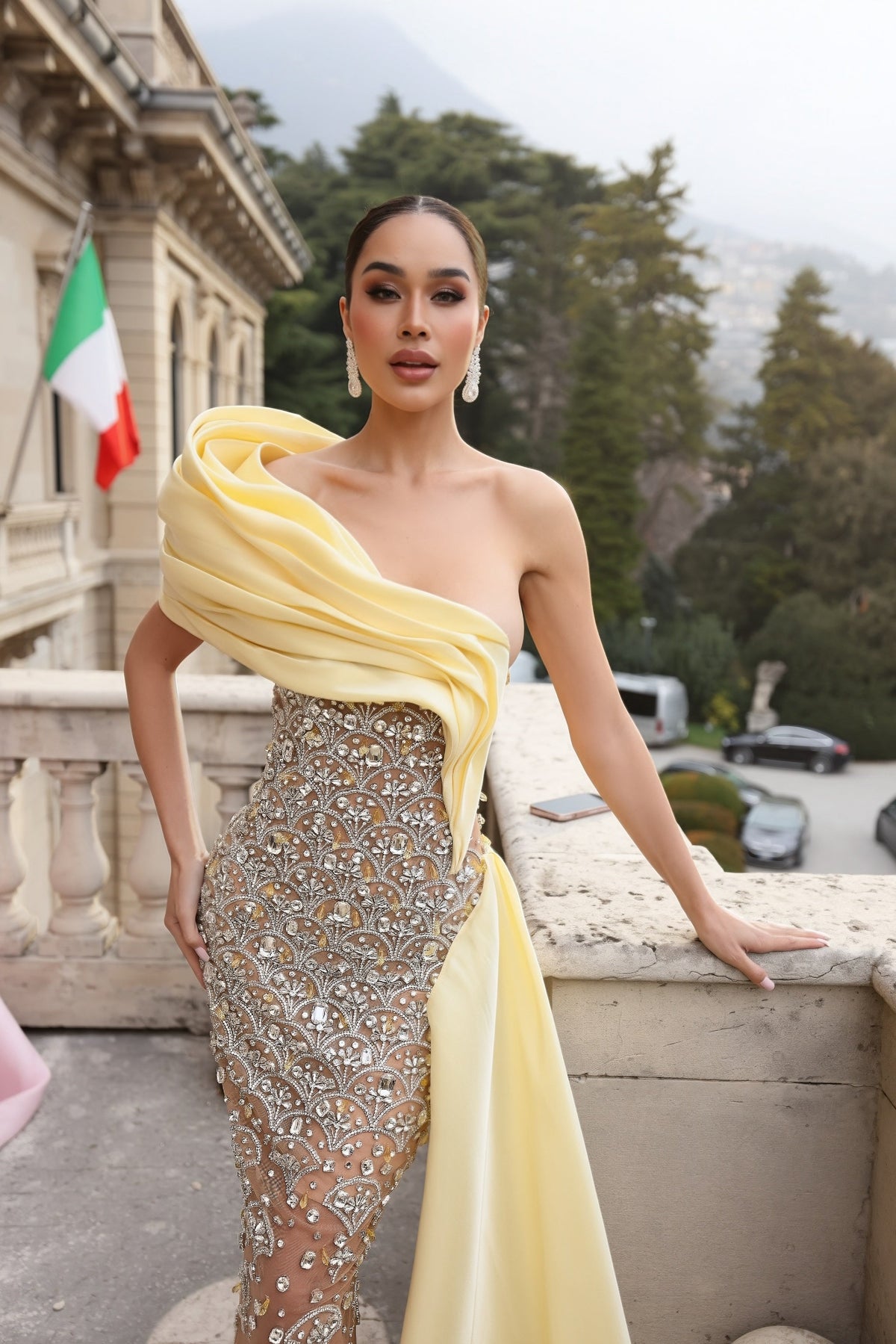 Elisabetta - One Shoulder Draped Beaded Gown