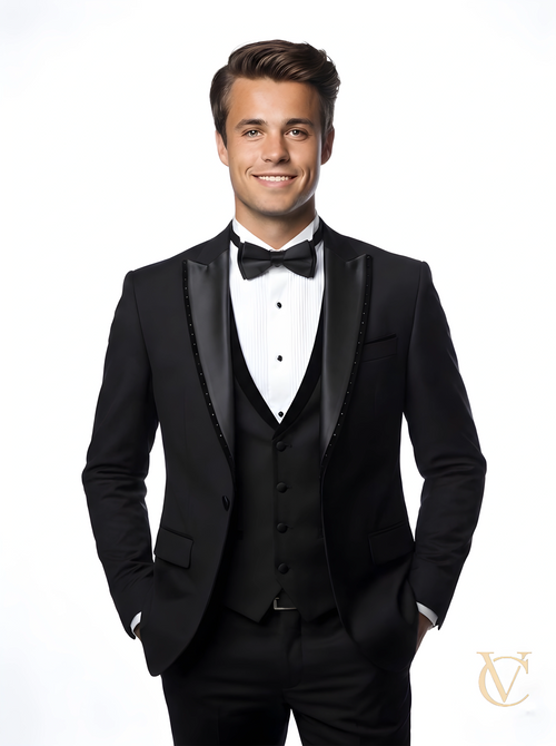 Noir couture three-piece tuxedo suit | Luxury black tie menswear | Vellure Couture Northampton

