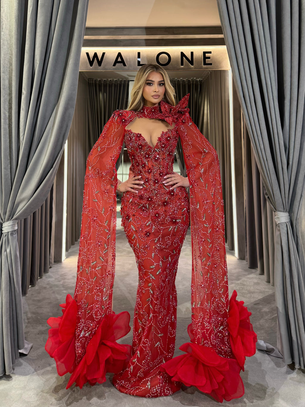 Crimson Rose Extra Long Sleeves Gown