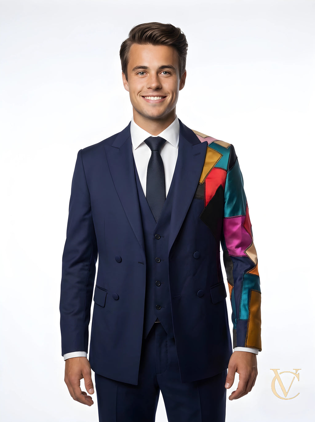 Young man wearing a tailored navy blue 3-Piece Suit - Multicolour | Vellure Couture with a vibrant patchwork sleeve, paired with a white shirt and black tie, showcasing luxury fashion UK style.