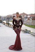 Liridona - Burgundy Velvet Peplum Mermaid Dress