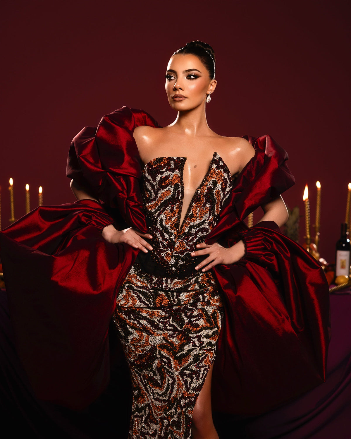 Strapless Gown with oversized cape